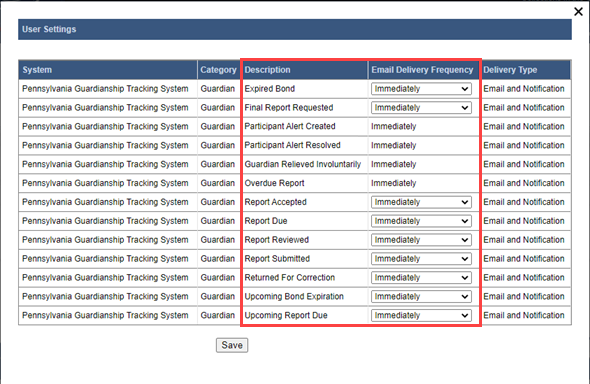 User Settings screen